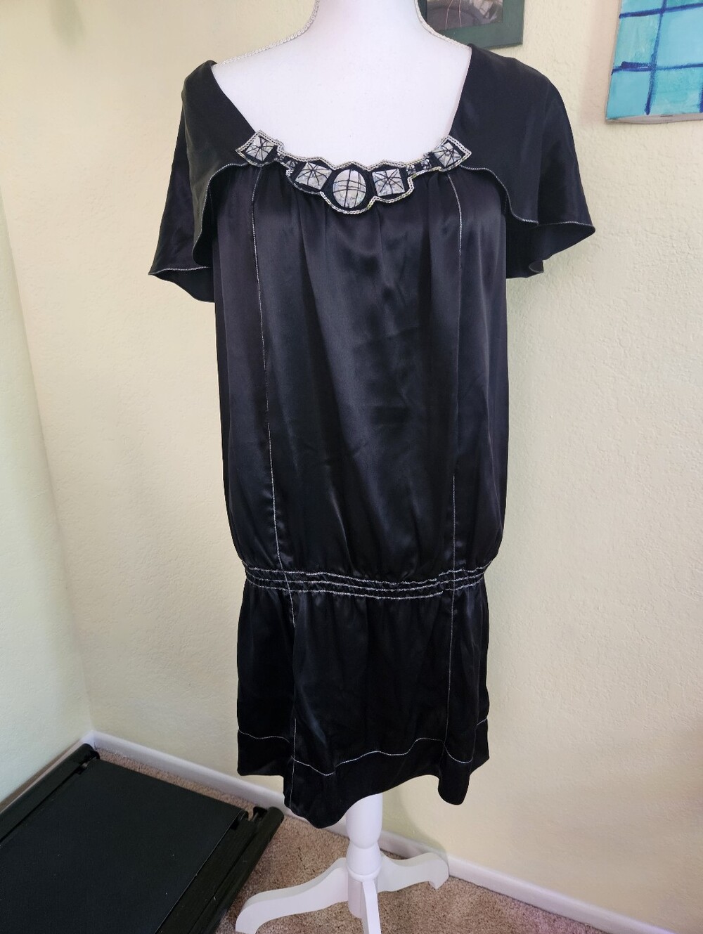 Studio M Vintage Black 100% Silk Drop Waist Mini Dress with Sequin Accent Sz L